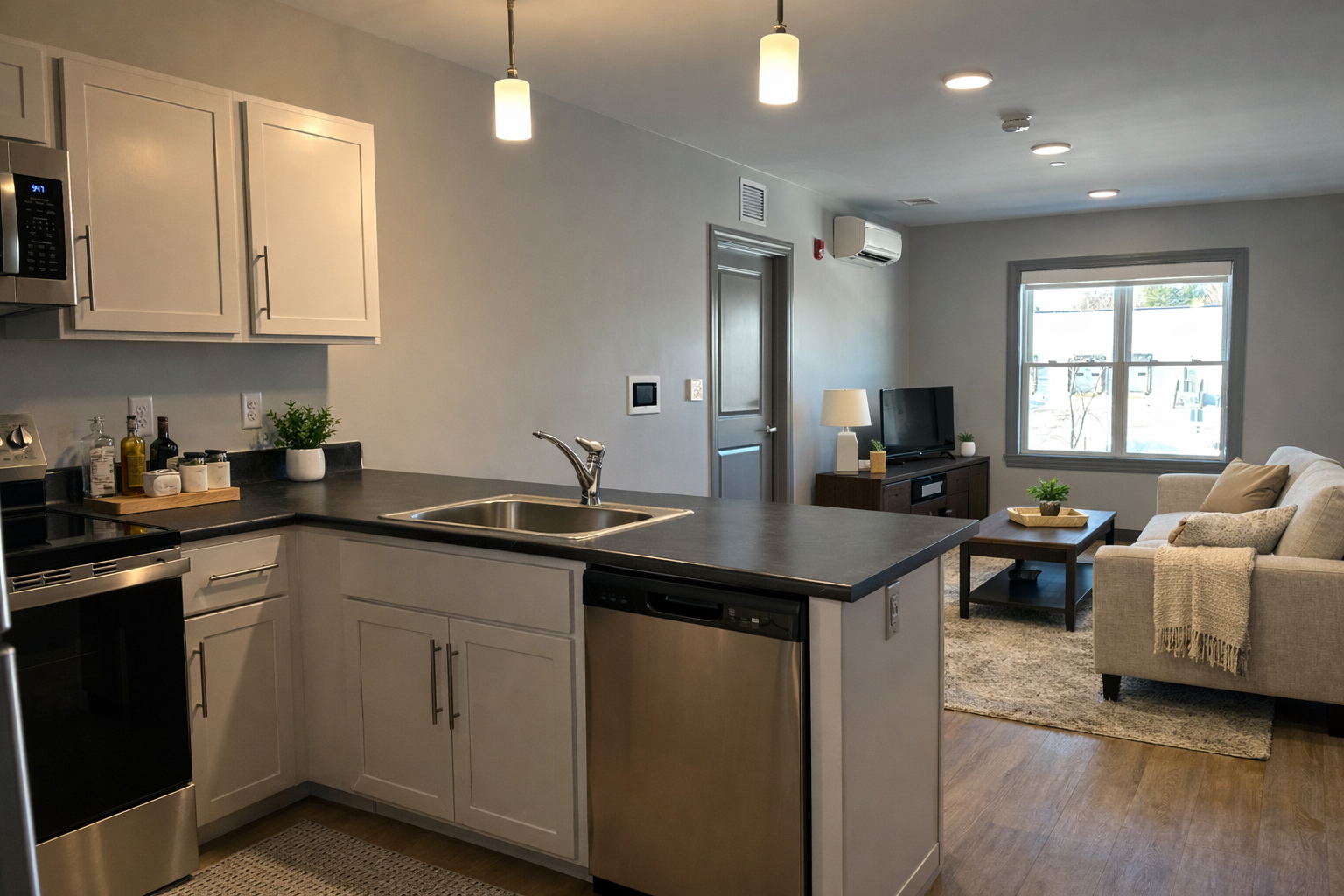 A staged kitchen and living room area in a 2 bedroom apartment.
