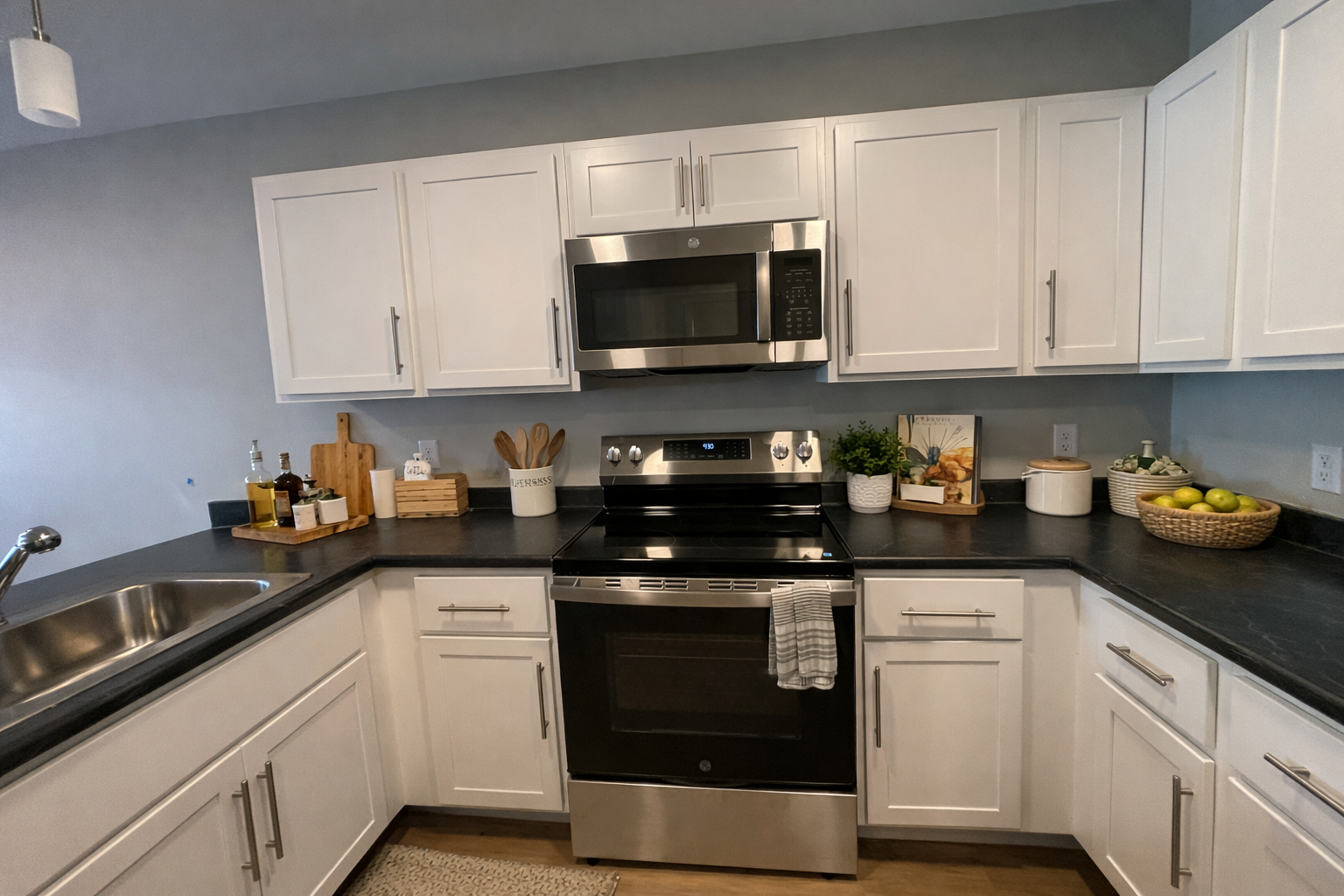 A staged kitchen in a 2 bedroom apartment.